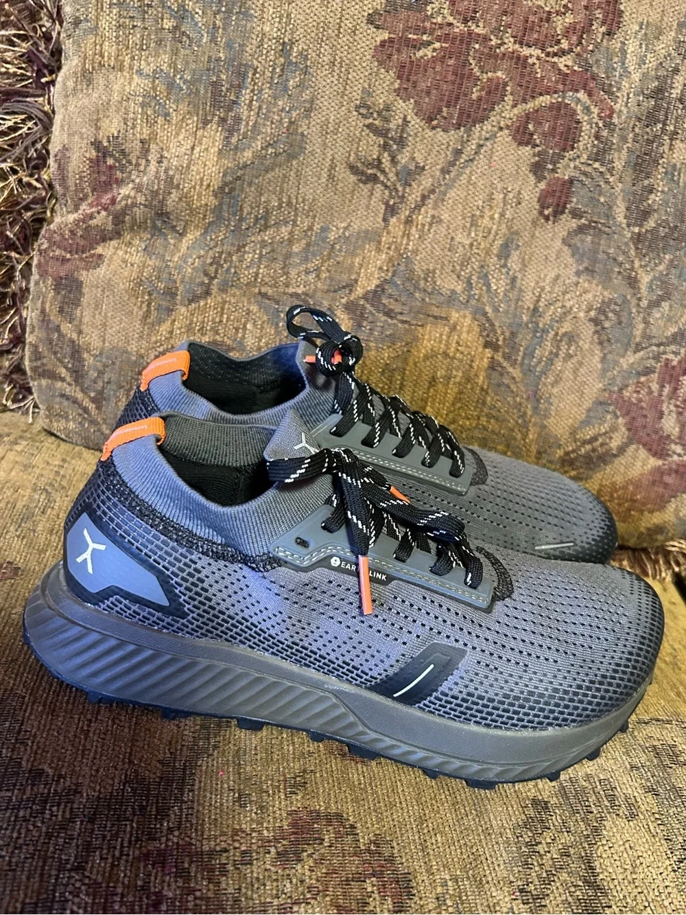Flux Footwear Trail Runner in grey with orange accents UNISEX M 6.5 W 8